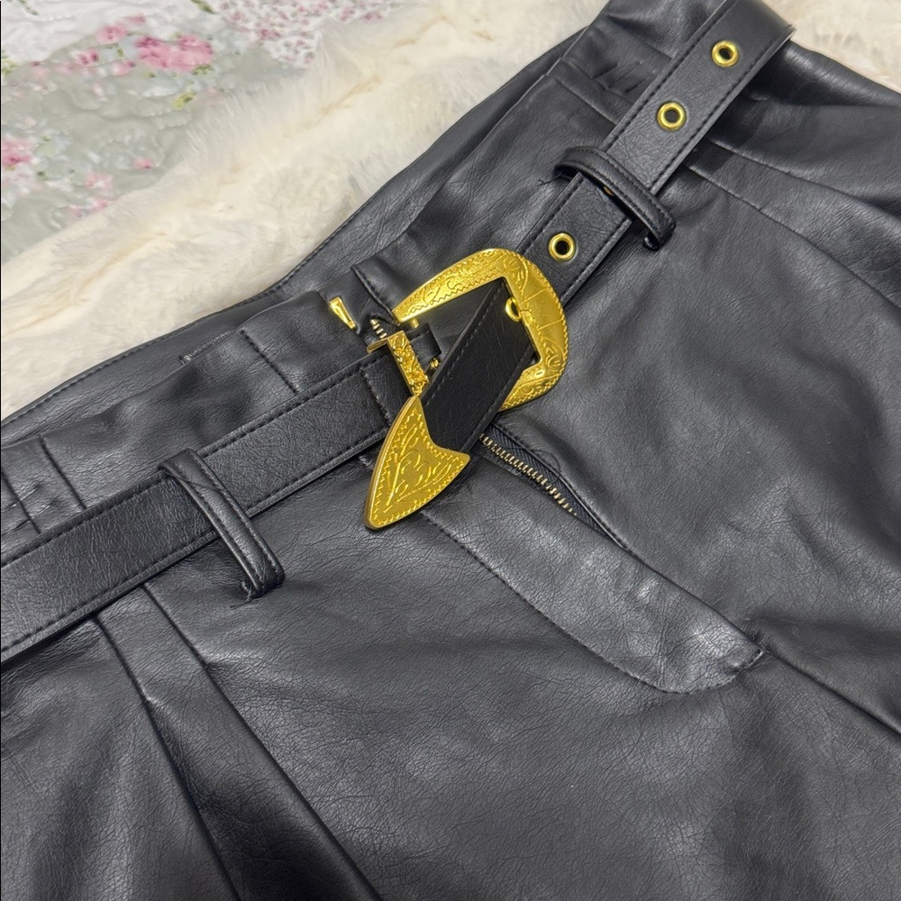 VENUS Black High-Waist Faux Leather Shorts with Gold Buckle Belt - Picture 3 of 6